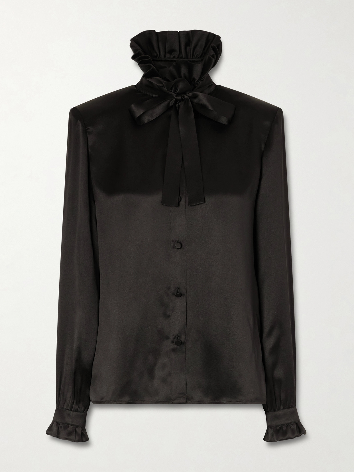 Pussy-Bow Ruffled Silk-Satin Blouse