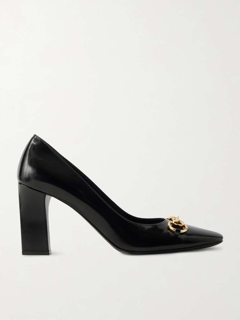 Gucci Signora Horsebit-embellished Glossed Leather Pumps