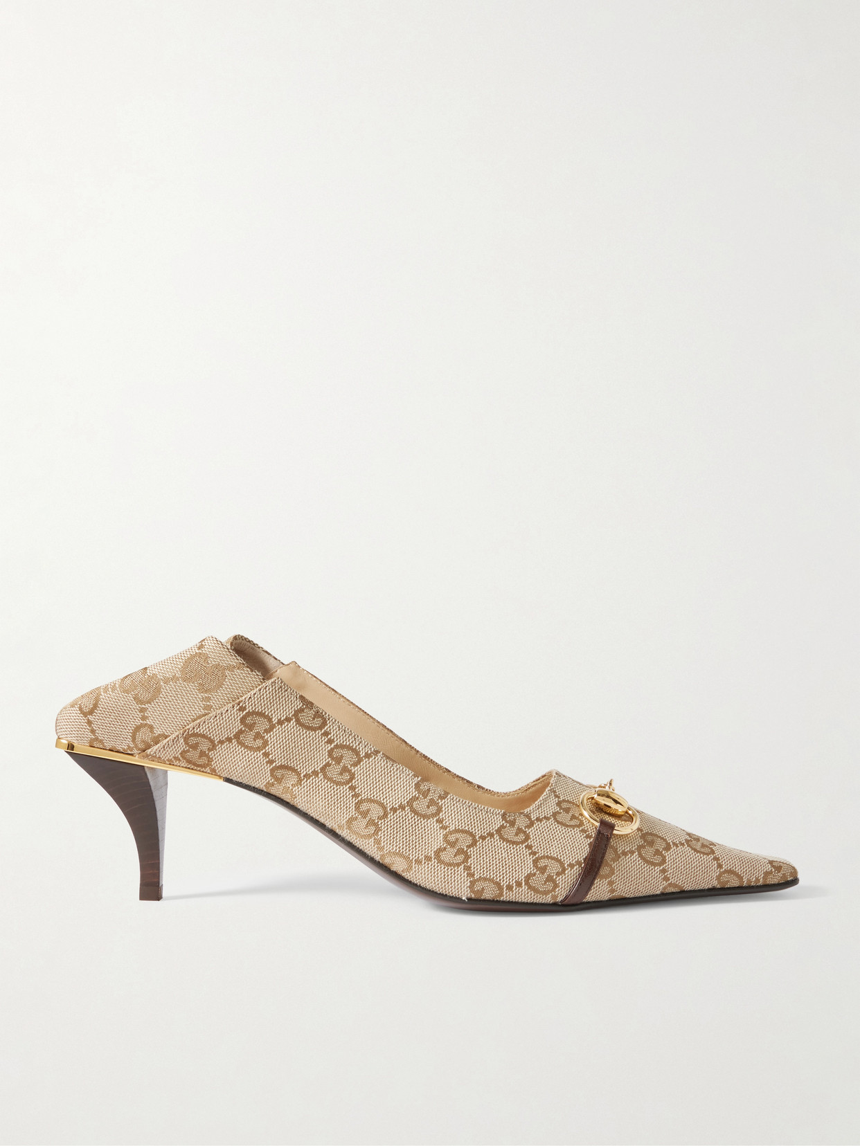 Gucci - Vittoria Collapsible-heel Horsebit-embellished Leather-trimmed Canvas-jacquard Pumps - Beige