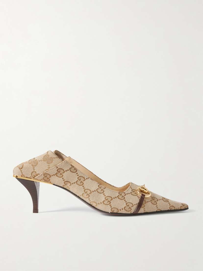 Gucci Vittoria Collapsible-heel Horsebit-embellished Leather-trimmed Canvas-jacquard Pumps