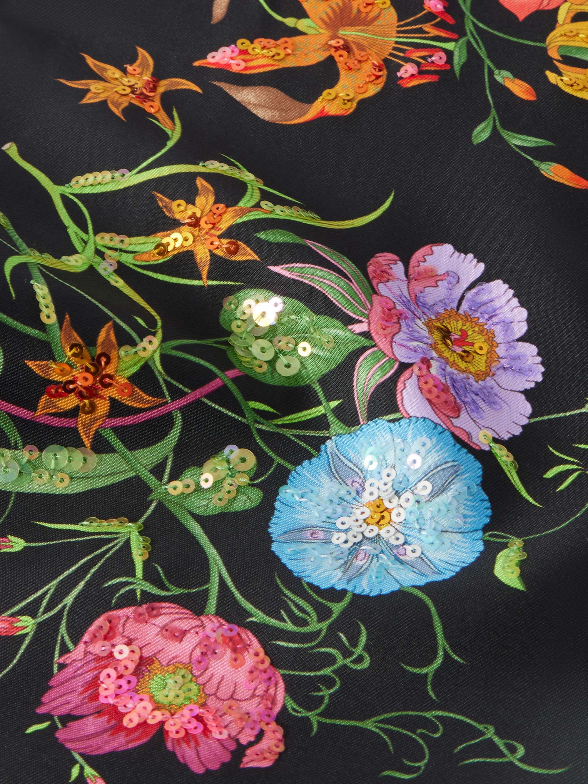 GUCCI Fringed sequin-embellished floral-print silk-twill scarf