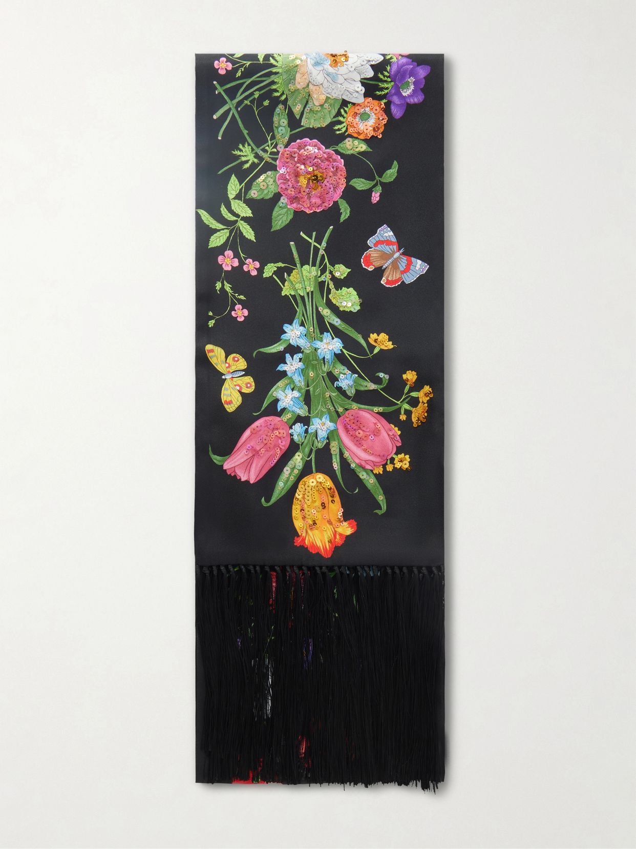 fringed sequin embellished floral print silk twill scarf