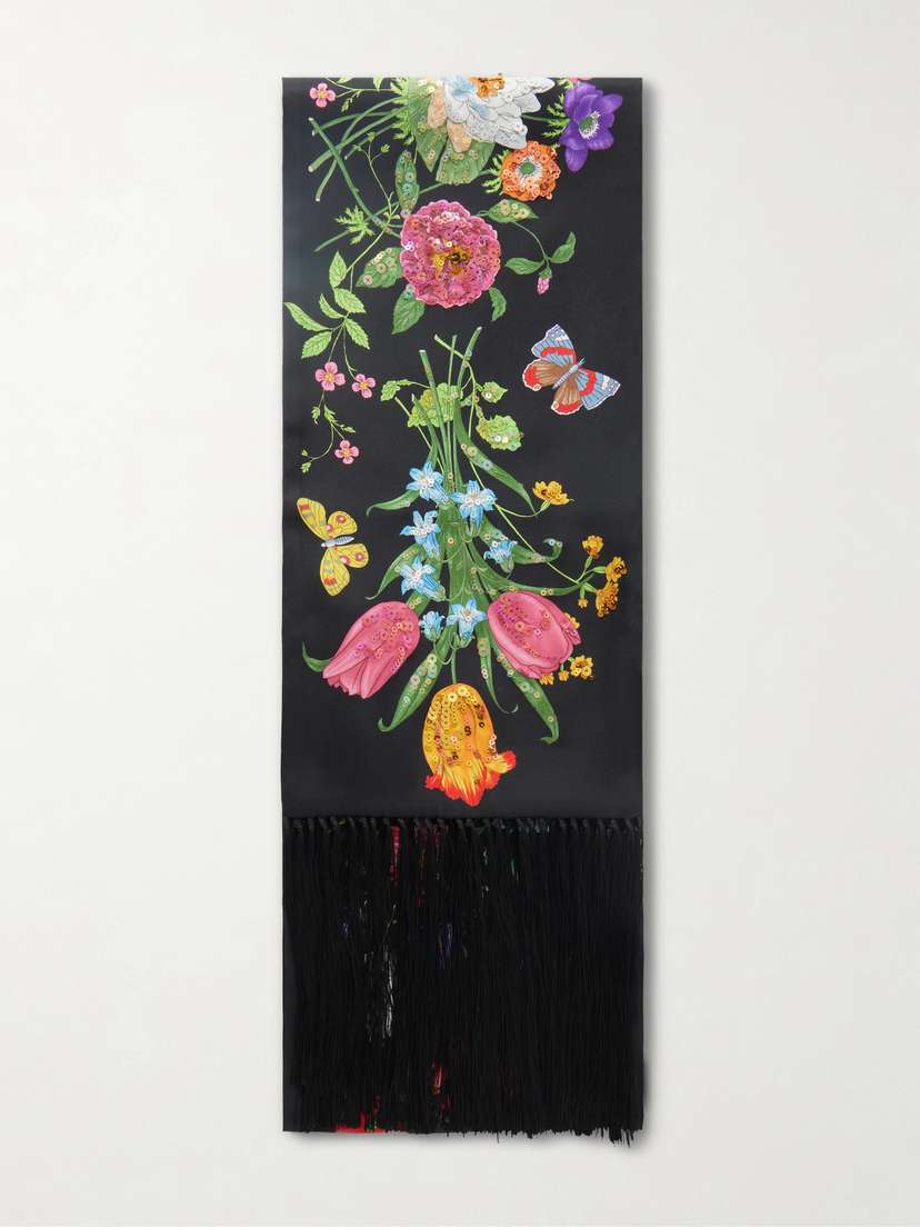 Gucci Fringed Sequin-embellished Floral-print Silk-twill Scarf