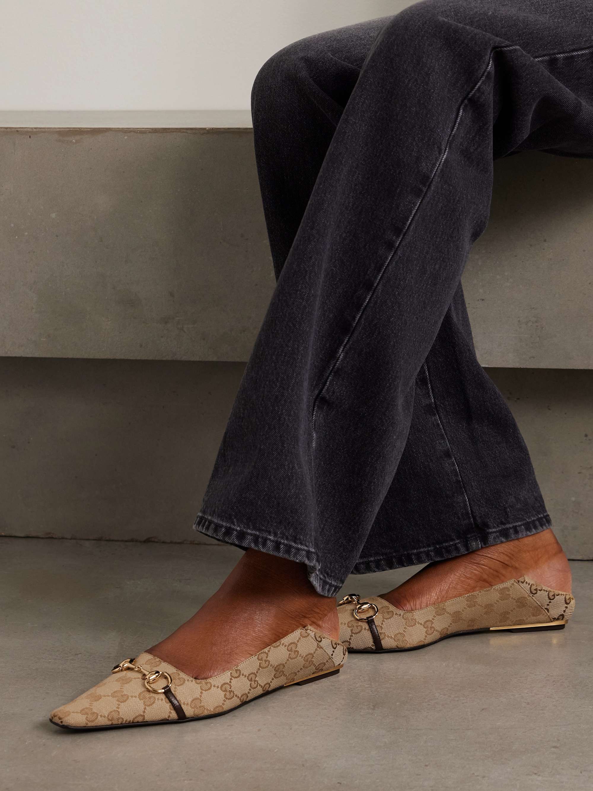 GUCCI Vittoria horsebit-detailed leather-trimmed canvas-jacquard