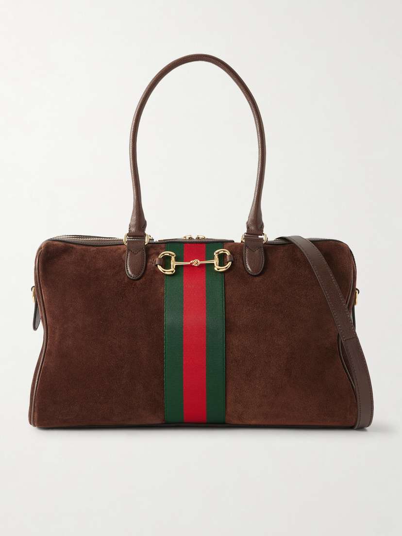 Gucci Borsetto Medium Embellished Leather And Webbing-trimmed Suede Shoulder Bag