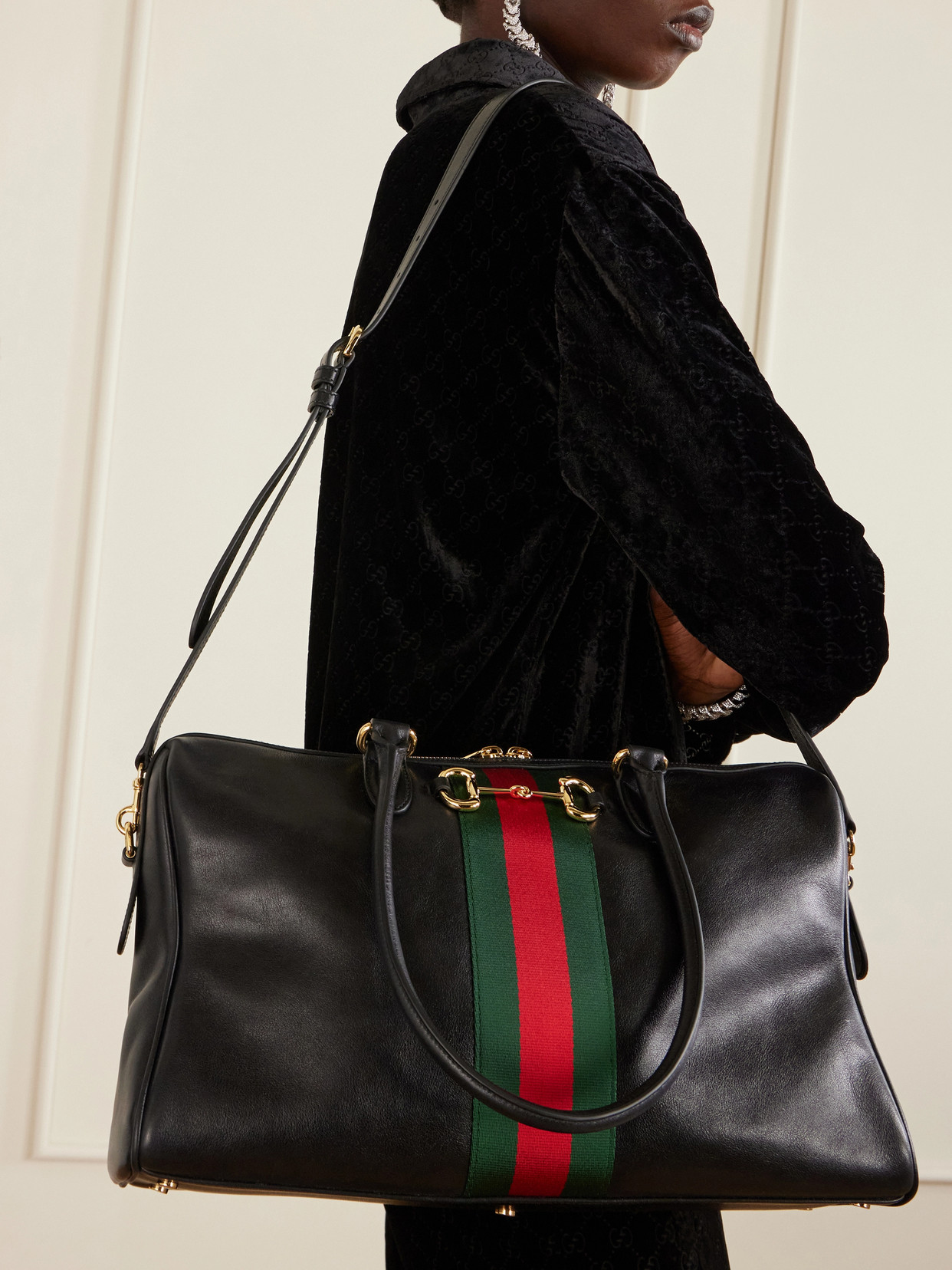 Borsetto Large Webbing-Trimmed Textured-Leather Shoulder Bag