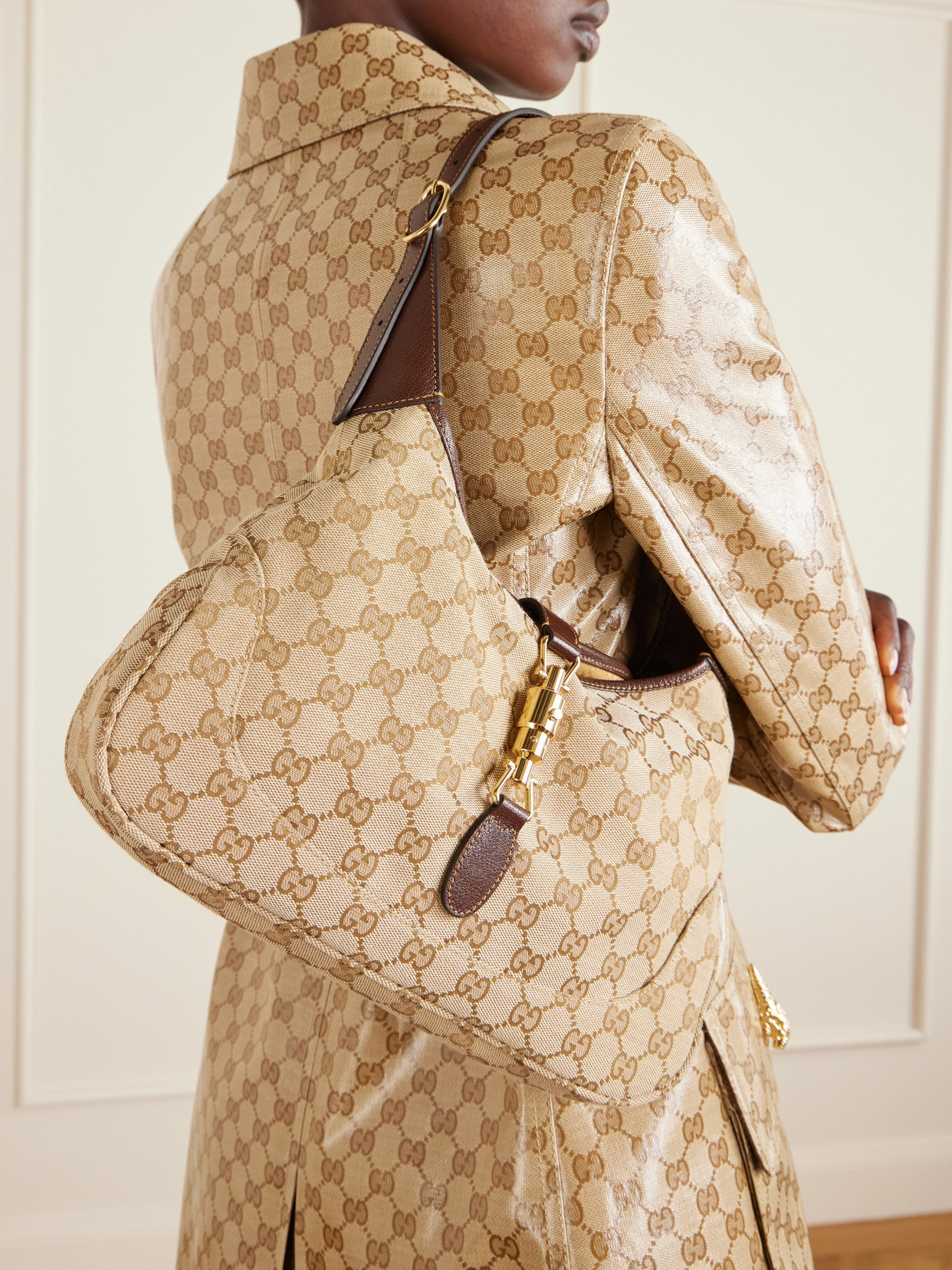Jackie 1961 Medium Leather-Trimmed Canvas-Jacquard Shoulder Bag