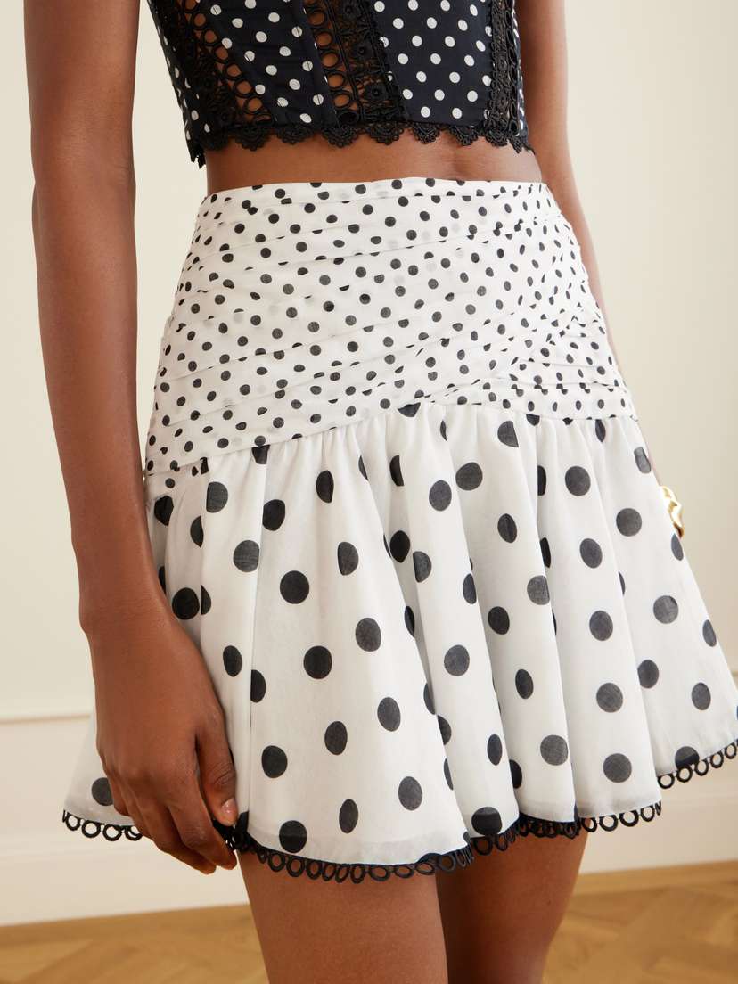 Charo Ruiz Noira Ruched Guipure Lace-trimmed Polka-dot Cotton-blend Voile Mini Skirt | Thumbnail 4 Charo Ruiz Noira Ruched Guipure Lace-trimmed Polka-dot Cotton-blend Voile Mini Skirt | Thumbnail 4