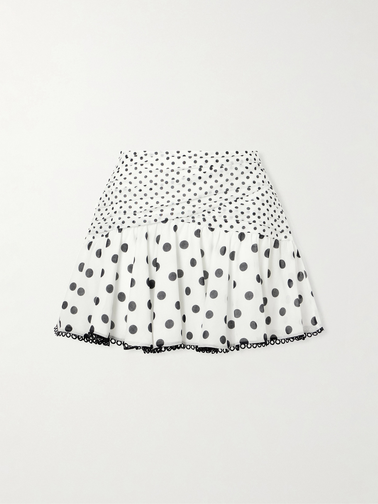 Charo Ruiz Noira Ruched Guipure Lace-trimmed Polka-dot Cotton-blend Voile Mini Skirt In Multi
