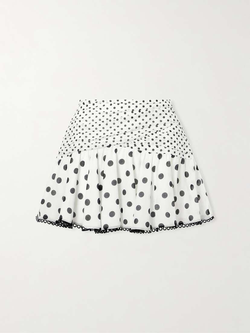 Charo Ruiz Noira Ruched Guipure Lace-trimmed Polka-dot Cotton-blend Voile Mini Skirt