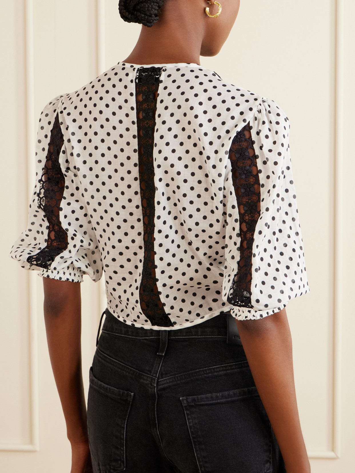 Olivar Knotted Guipure Lace-Trimmed Polka-Dot Cotton-Blend Voile Blouse