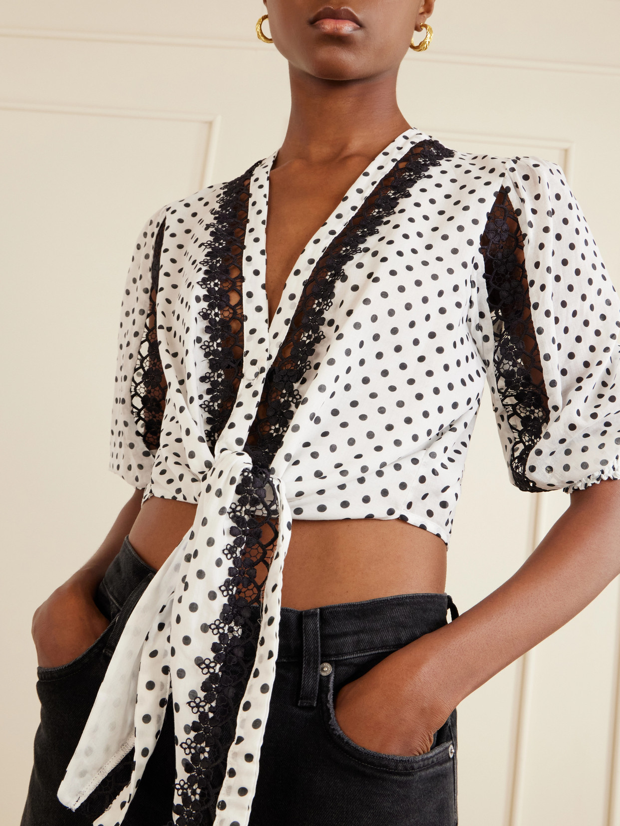 Olivar Knotted Guipure Lace-Trimmed Polka-Dot Cotton-Blend Voile Blouse