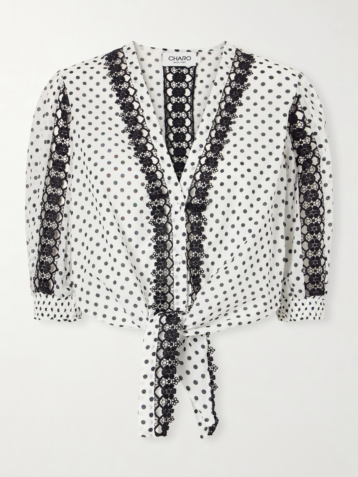 Charo Ruiz Olivar Knotted Guipure Lace-trimmed Polka-dot Cotton-blend Voile Blouse In Multi