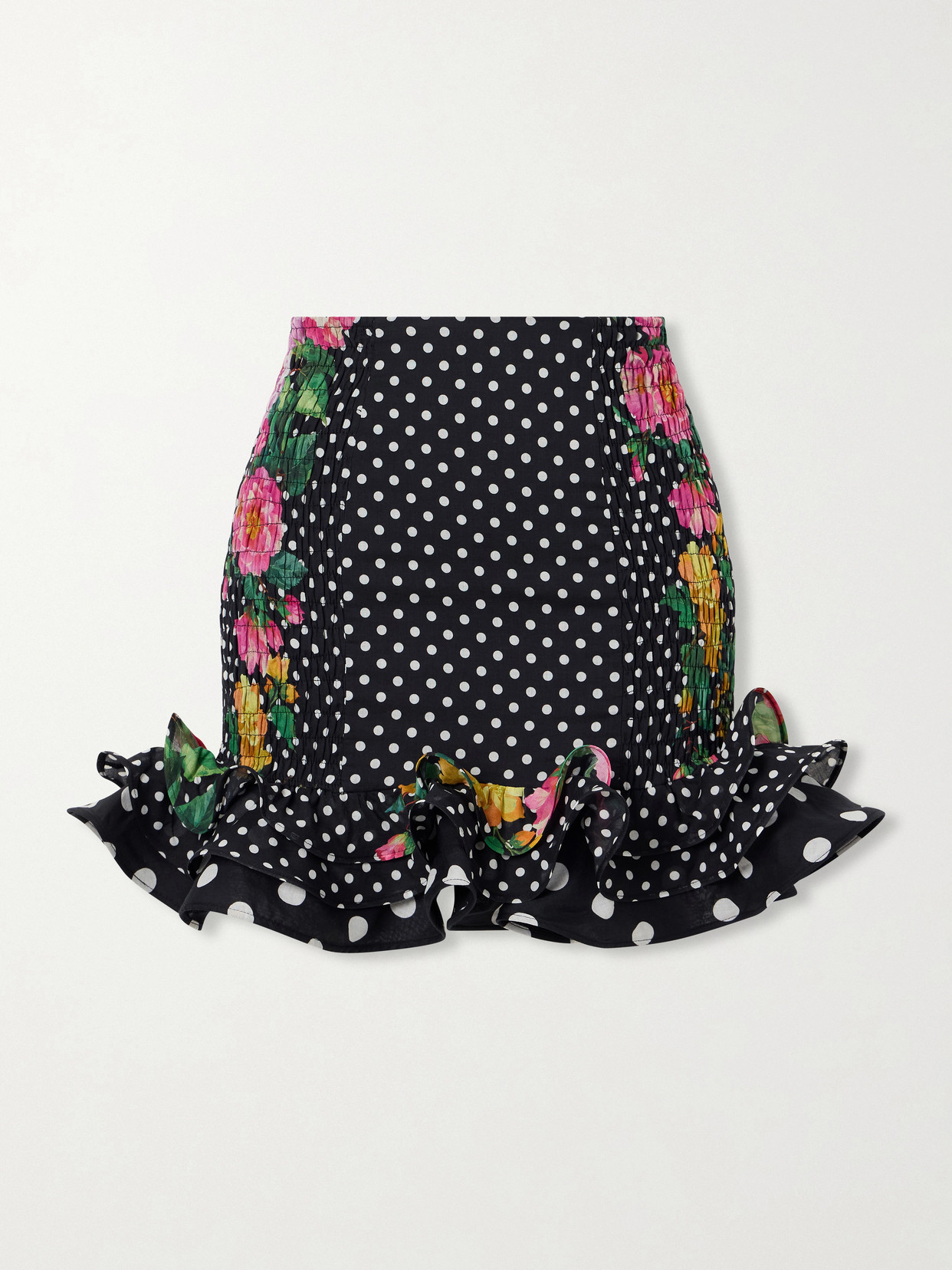 Charo Ruiz Alameda Shirred Ruffled Floral-print Polka-dot Cotton-blend Mini Skirt In Multi