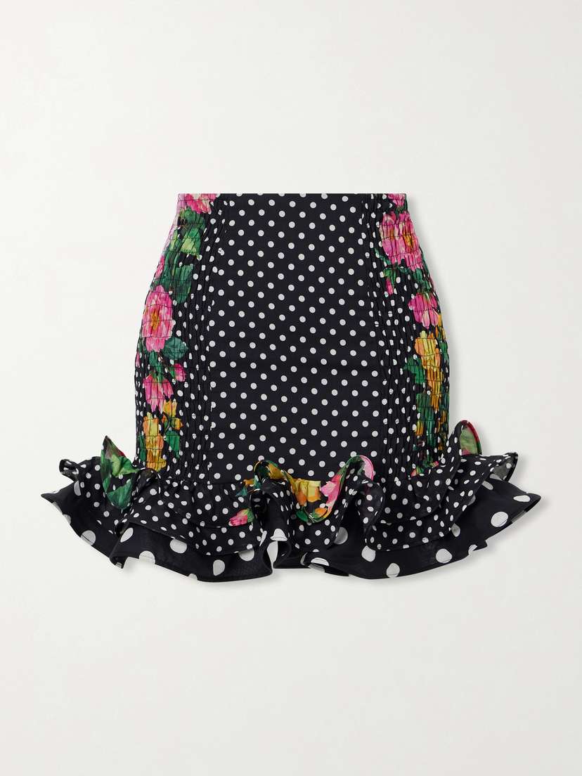Charo Ruiz Alameda Shirred Ruffled Floral-print Polka-dot Cotton-blend Mini Skirt