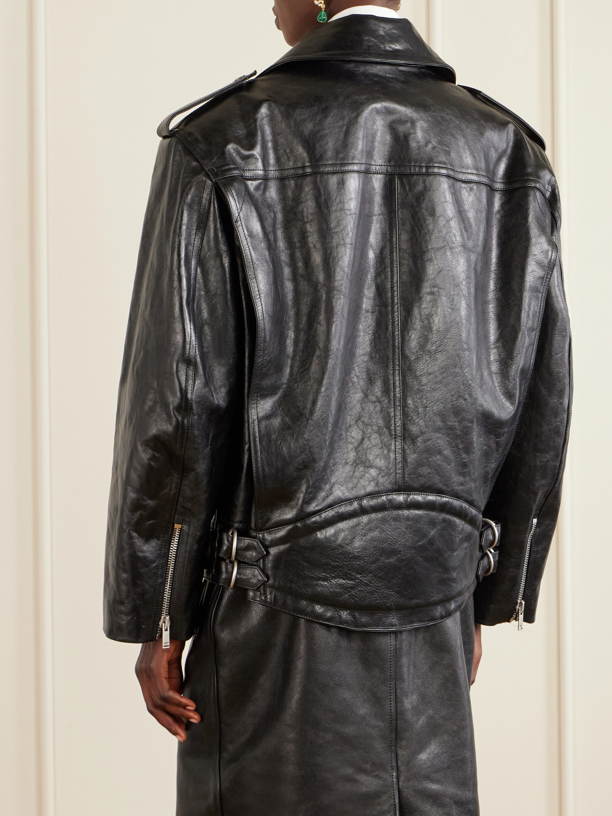 Glossed Textured-Leather Biker Jacket