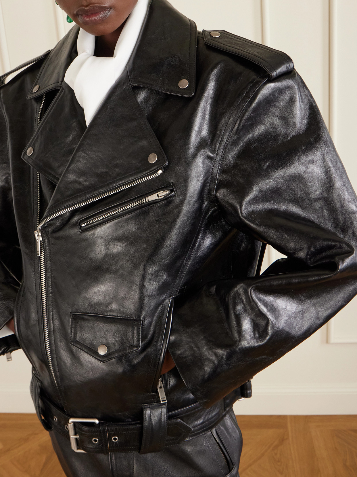 Glossed Textured-Leather Biker Jacket