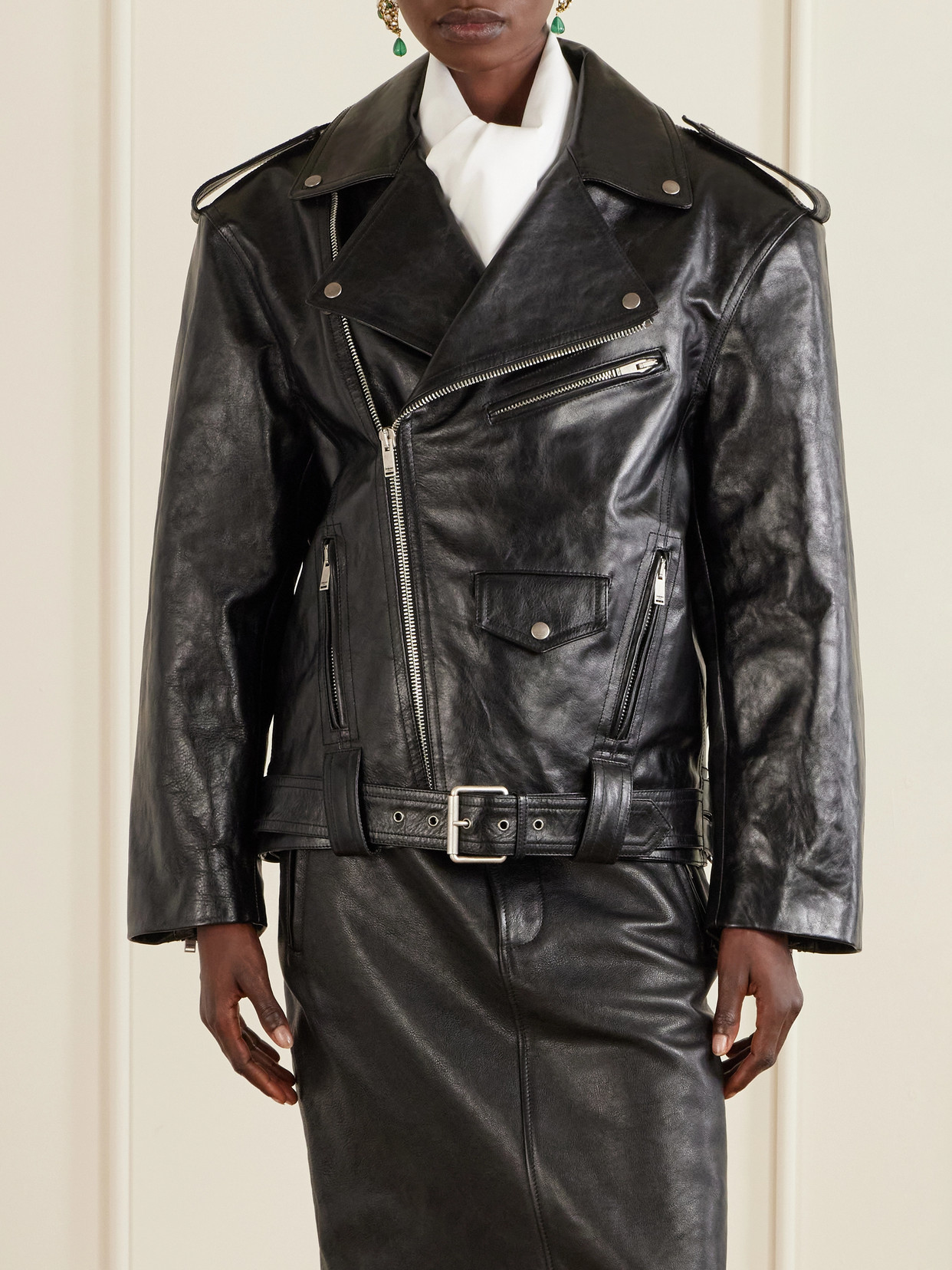 Glossed Textured-Leather Biker Jacket