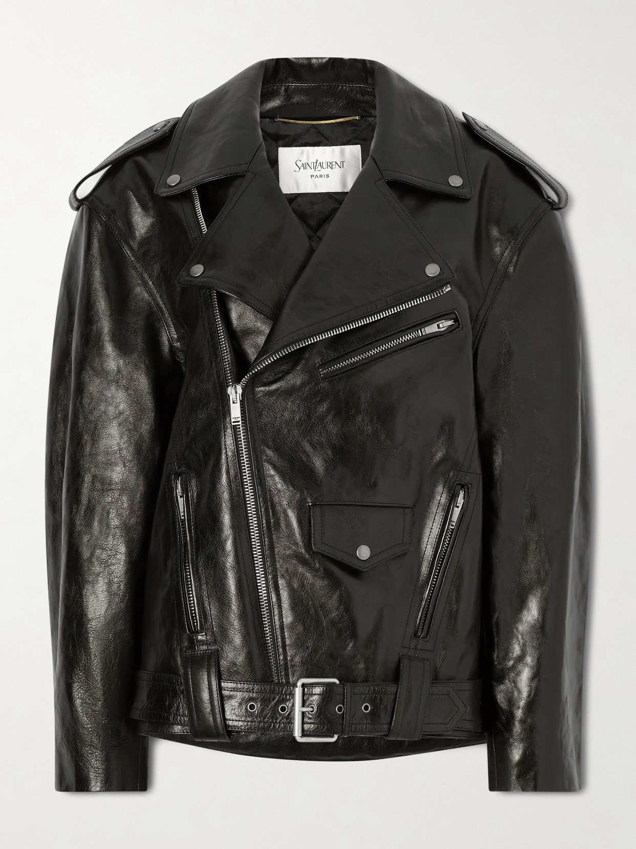 Saint Laurent Glossed Textured-leather Biker Jacket In Black