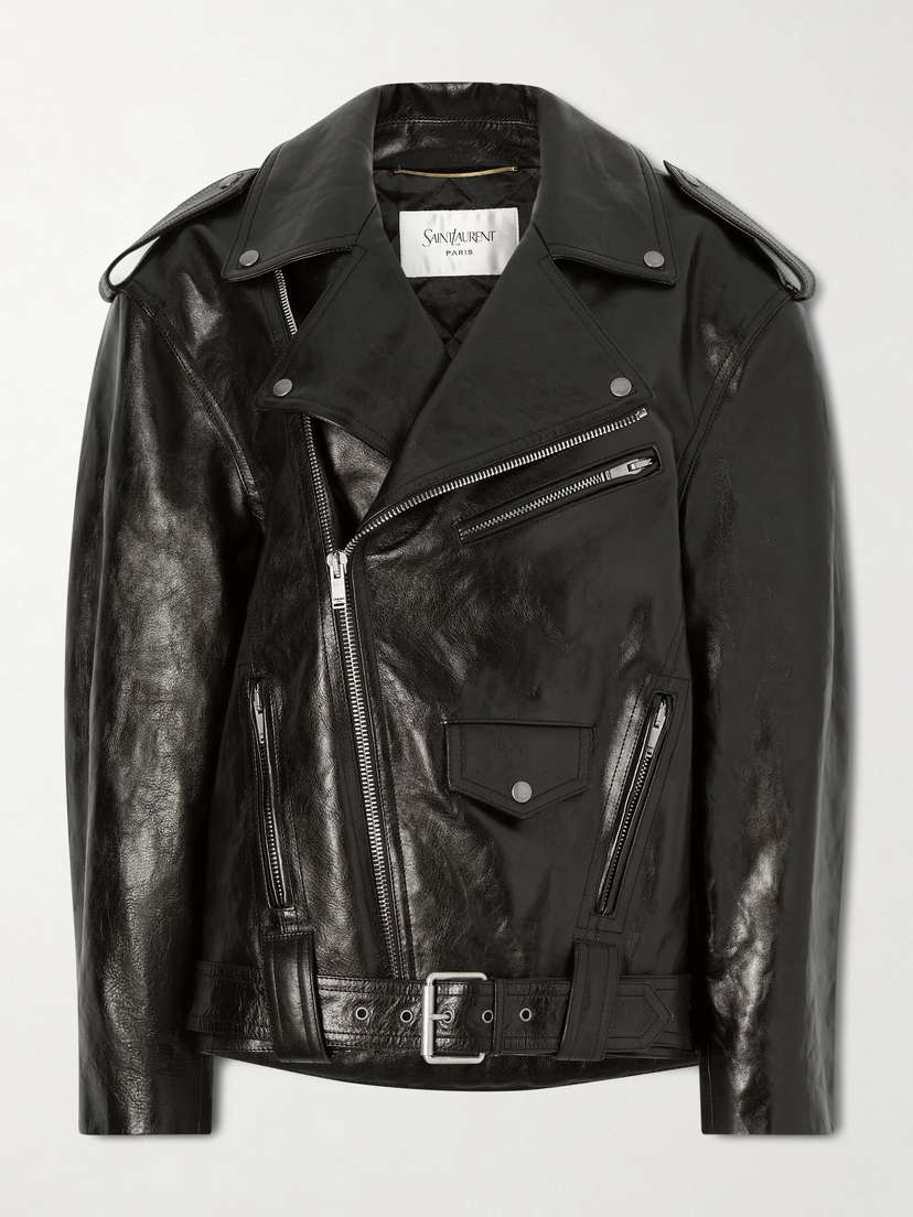 Saint Laurent Glossed Textured-leather Biker Jacket