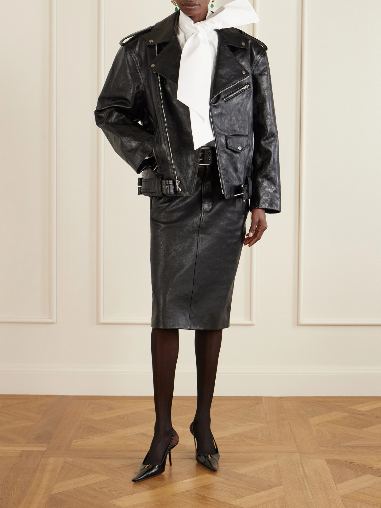 Glossed Textured-Leather Biker Jacket