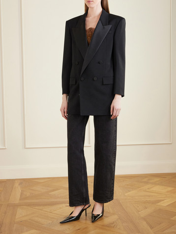 Saint Laurent Double-breasted satin-trimmed grain de poudre wool blazer