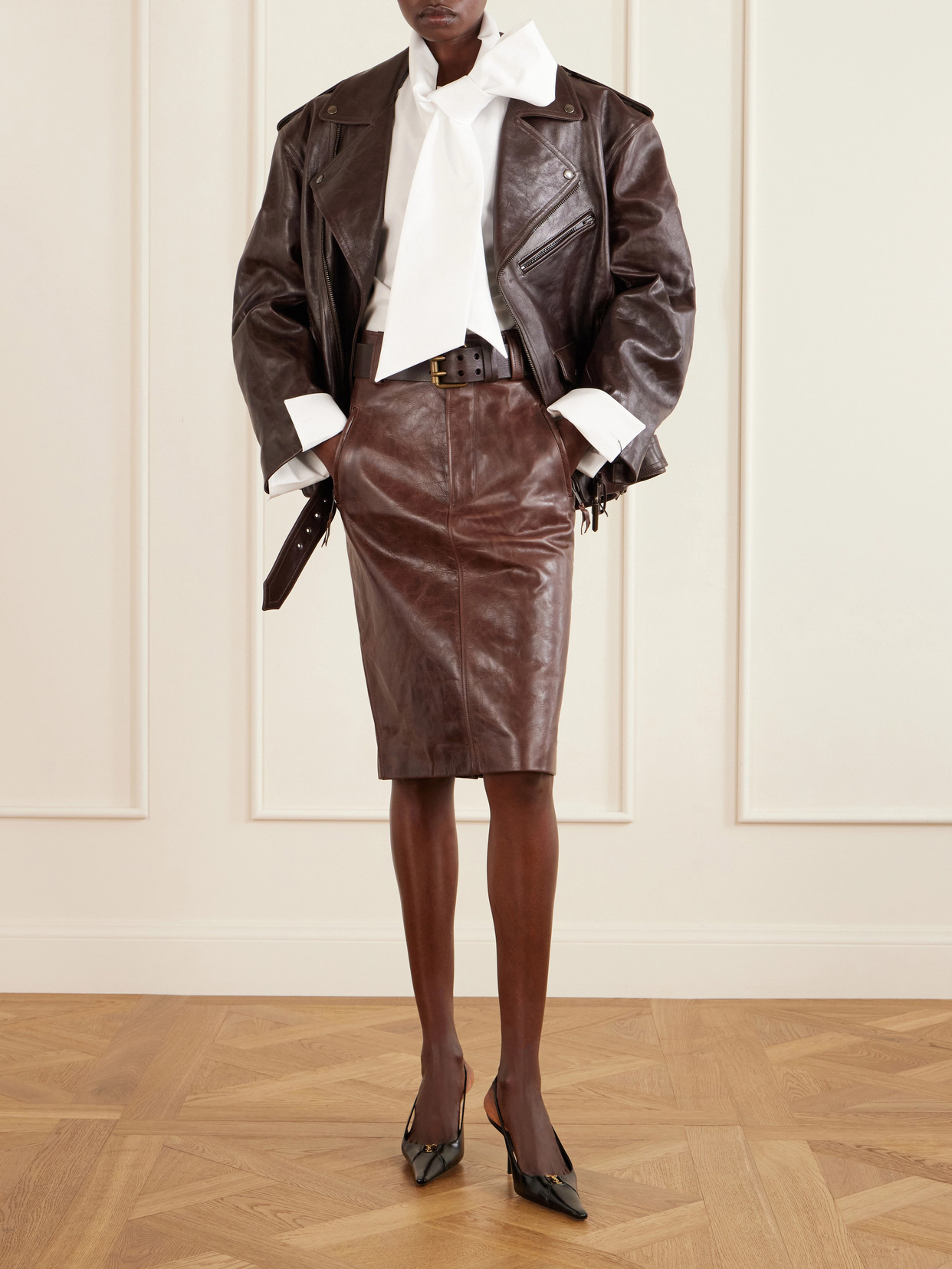 Belted Leather Pencil Skirt