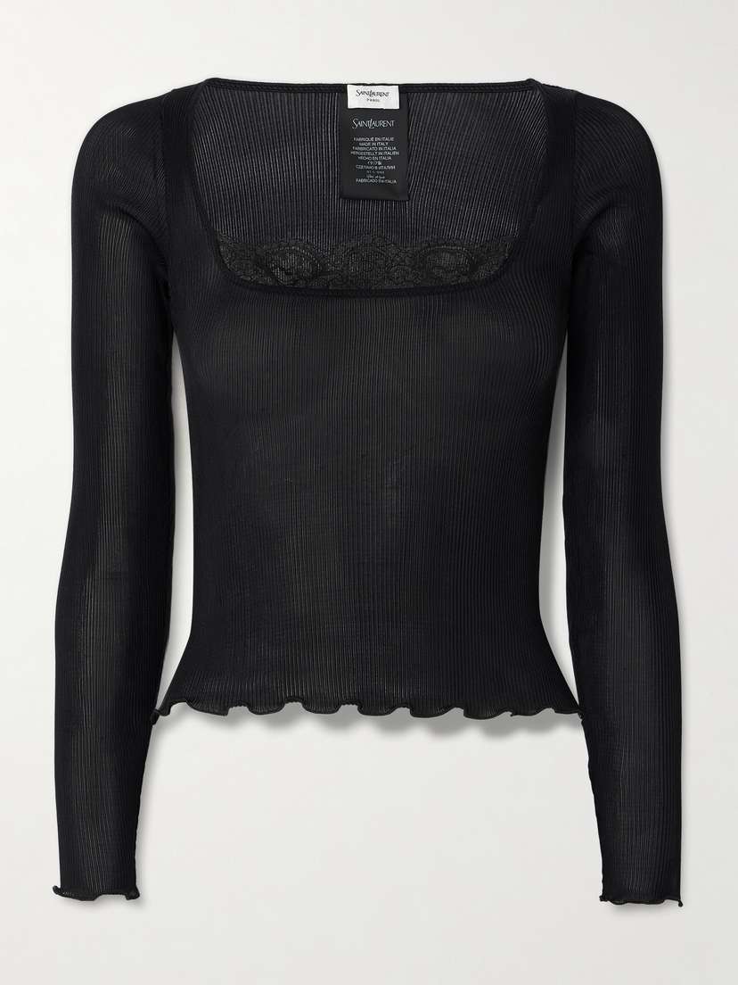 Saint Laurent Lace-trimmed Ribbed Silk Top