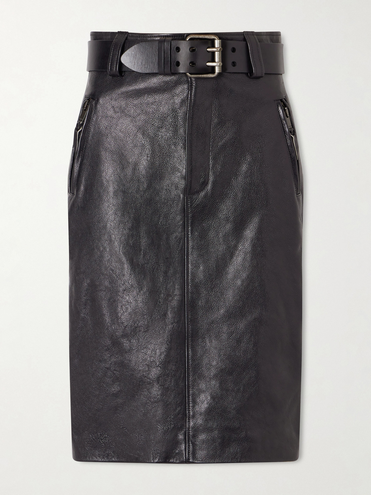 Saint Laurent Belted Textured-leather Skirt In Black