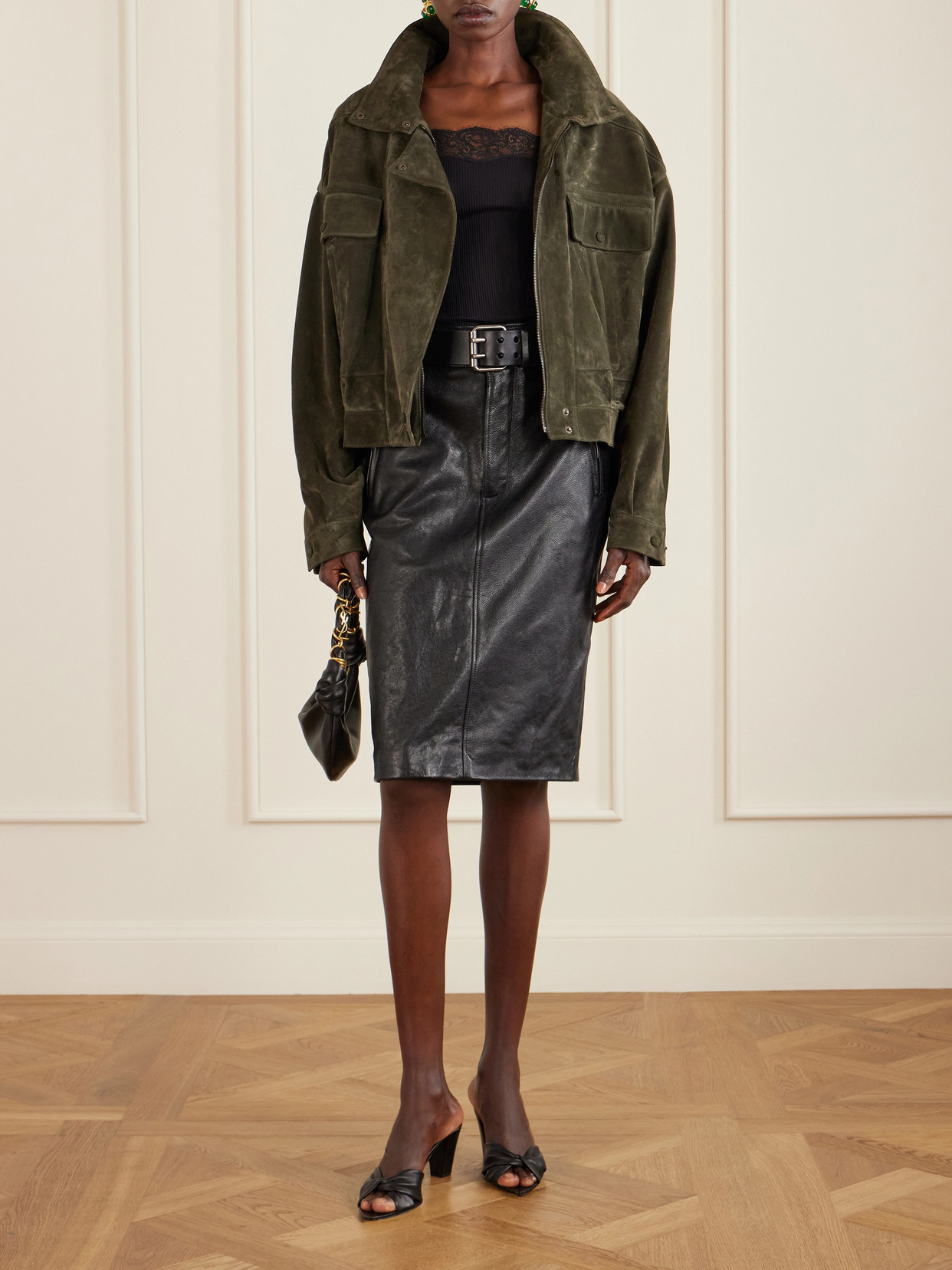 Belted Textured-Leather Skirt