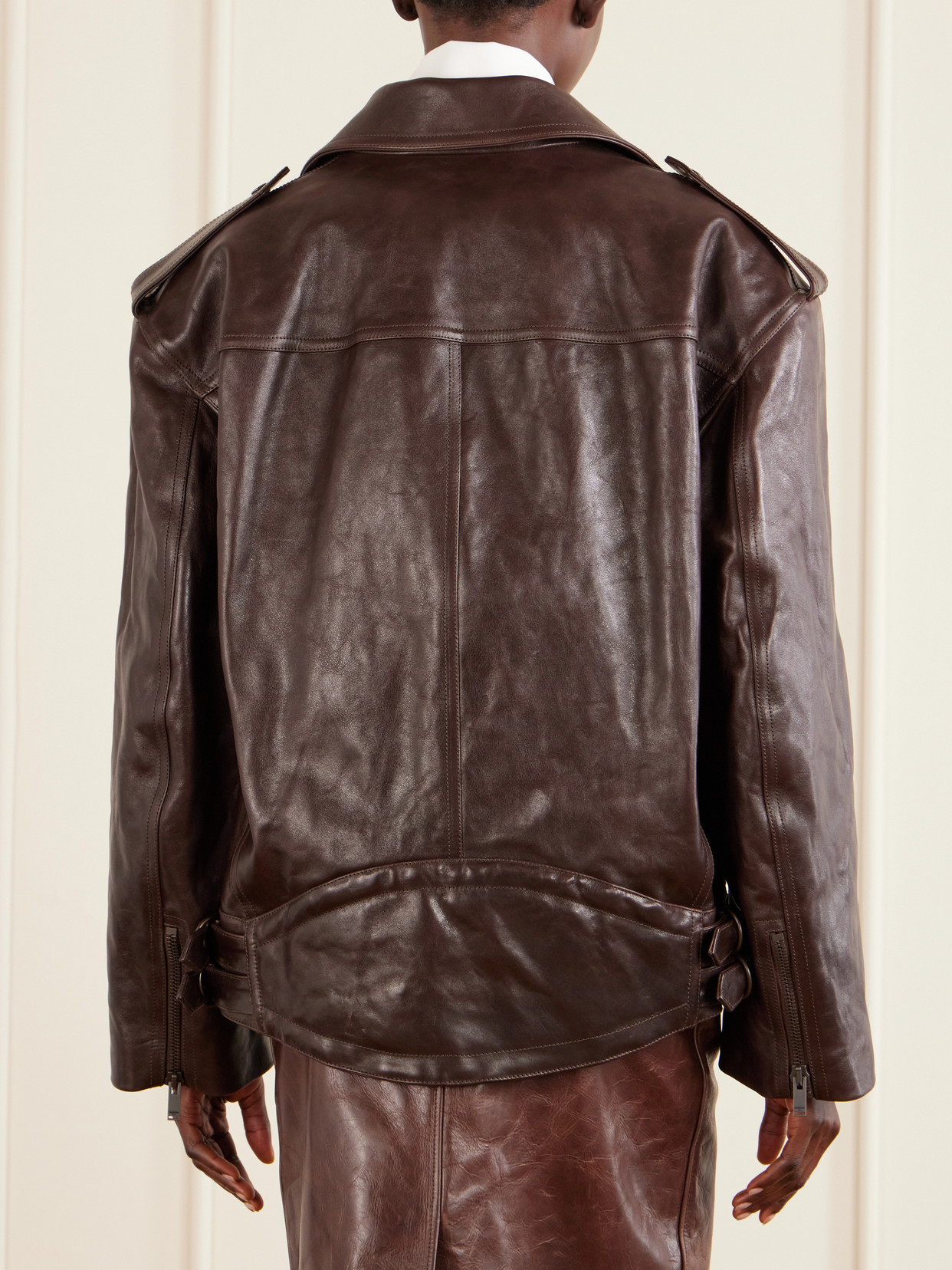 Glossed Textured-Leather Biker Jacket
