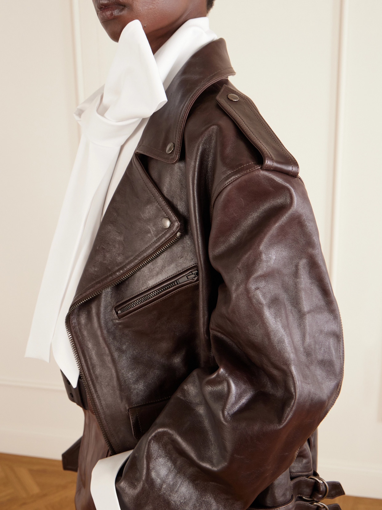 Glossed Textured-Leather Biker Jacket