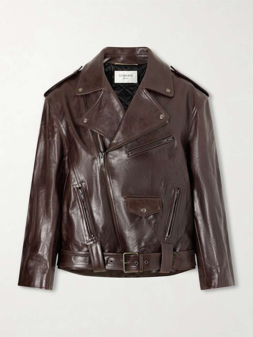 Saint Laurent Glossed Textured-leather Biker Jacket