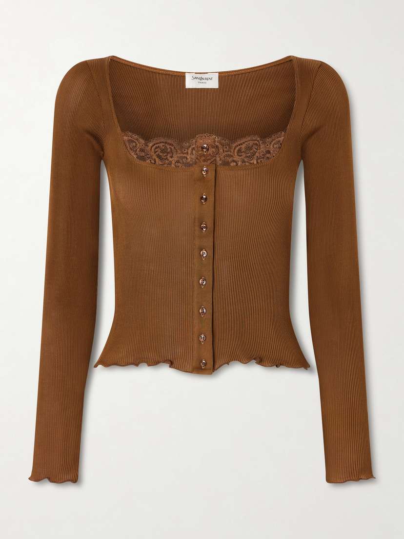 Saint Laurent Lace-trimmed Ribbed Silk-jersey Cardigan