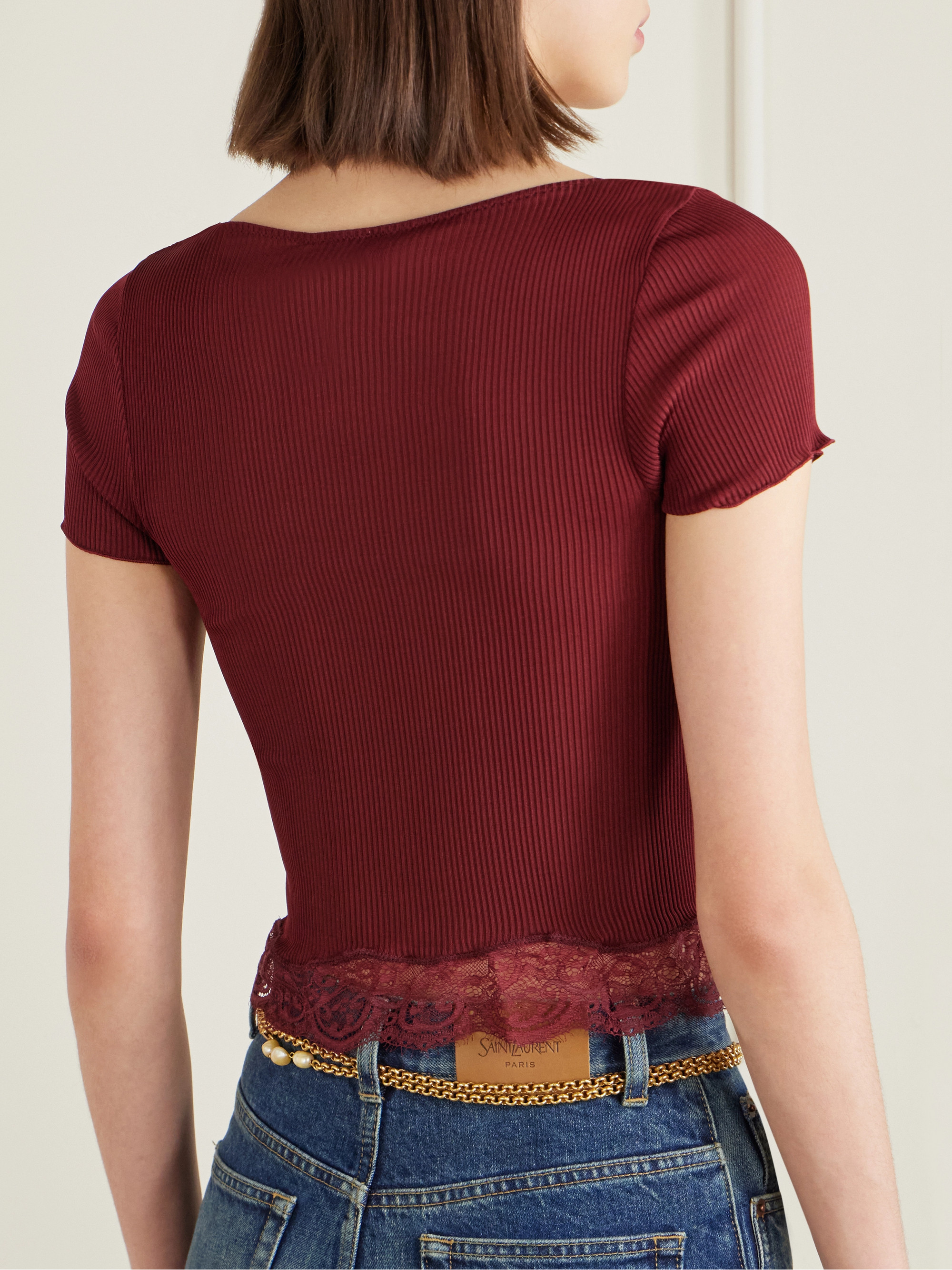 Saint Laurent Cropped Leavers lace-trimmed ribbed silk-jersey top thumbnail