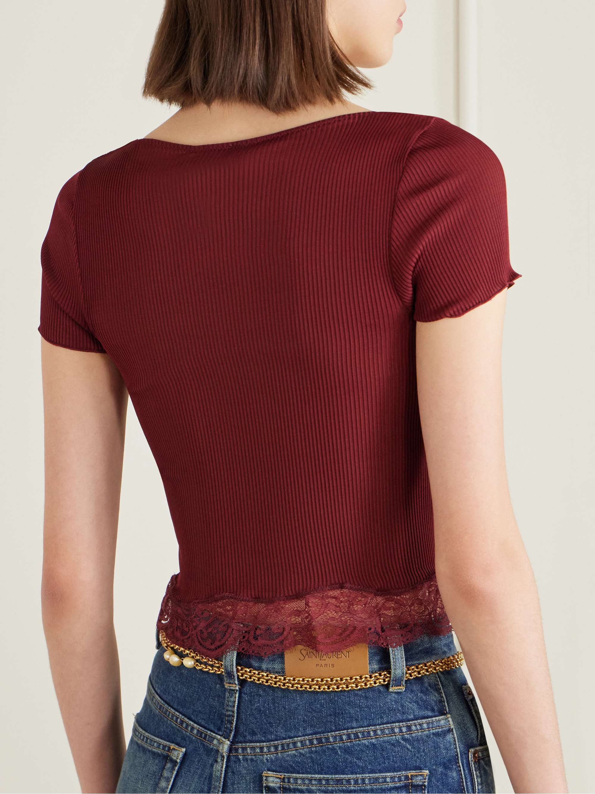 SAINT LAURENT Cropped Leavers lace-trimmed ribbed silk-jersey top