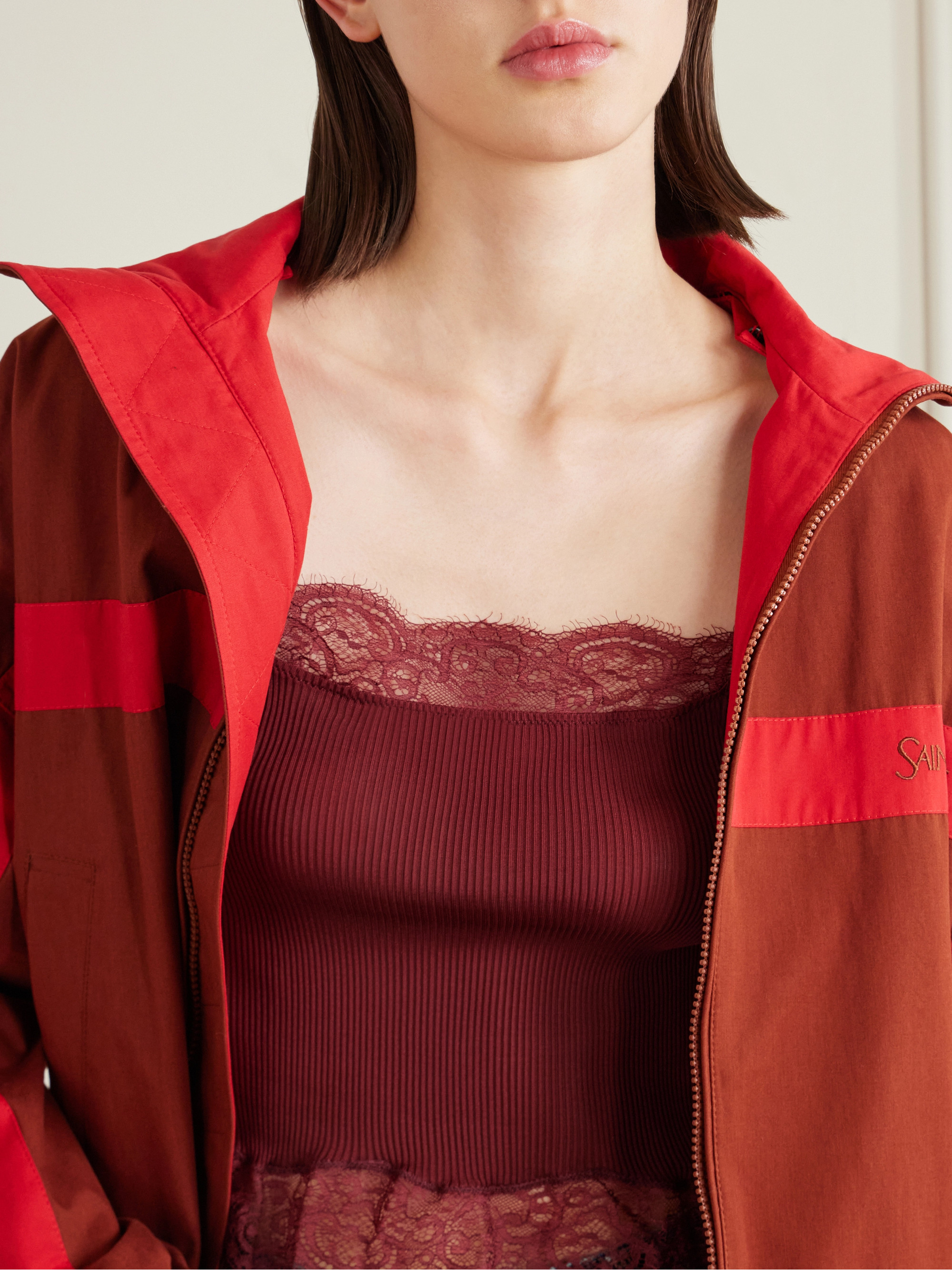 Saint Laurent Cropped Leavers lace-trimmed ribbed silk-jersey top thumbnail