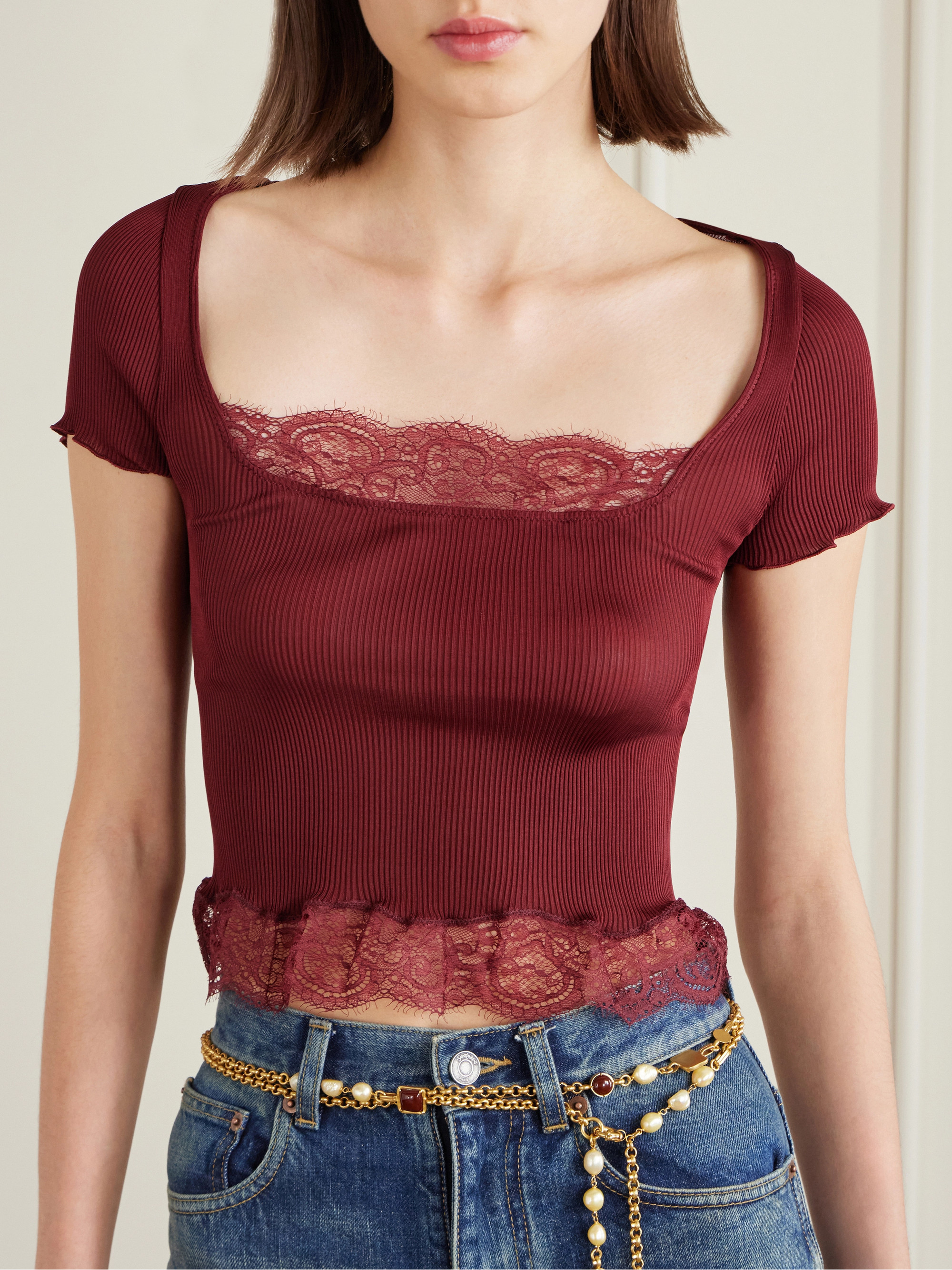 Saint Laurent Cropped Leavers lace-trimmed ribbed silk-jersey top