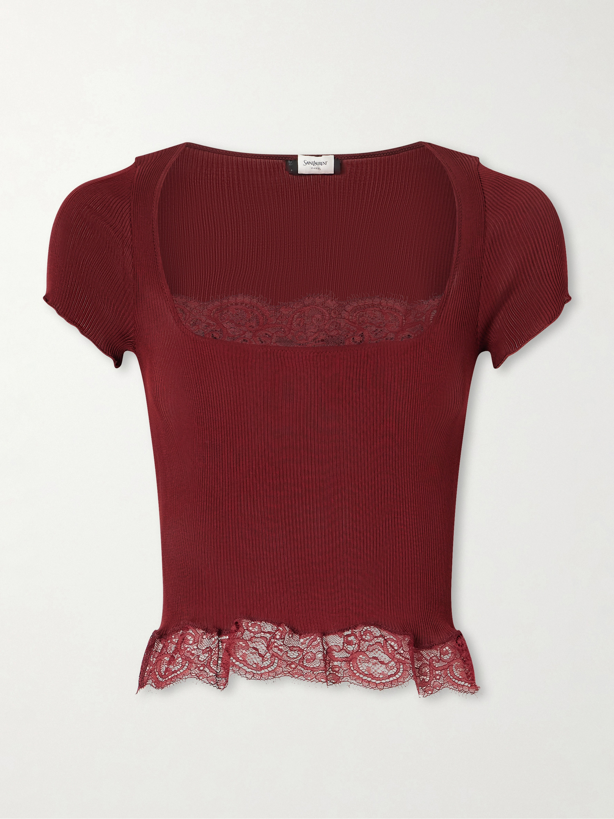 Saint Laurent Cropped Leavers lace-trimmed ribbed silk-jersey top thumbnail