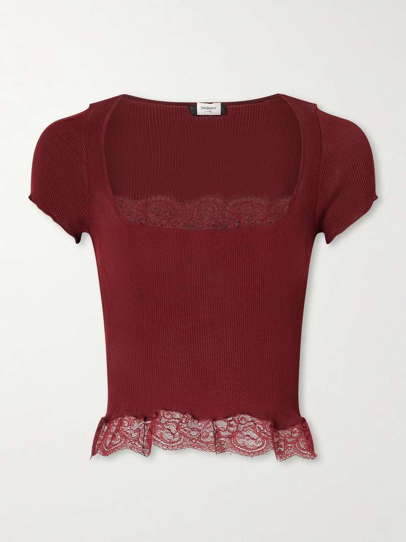 Saint Laurent Cropped Leavers Lace-trimmed Ribbed Silk-jersey Top