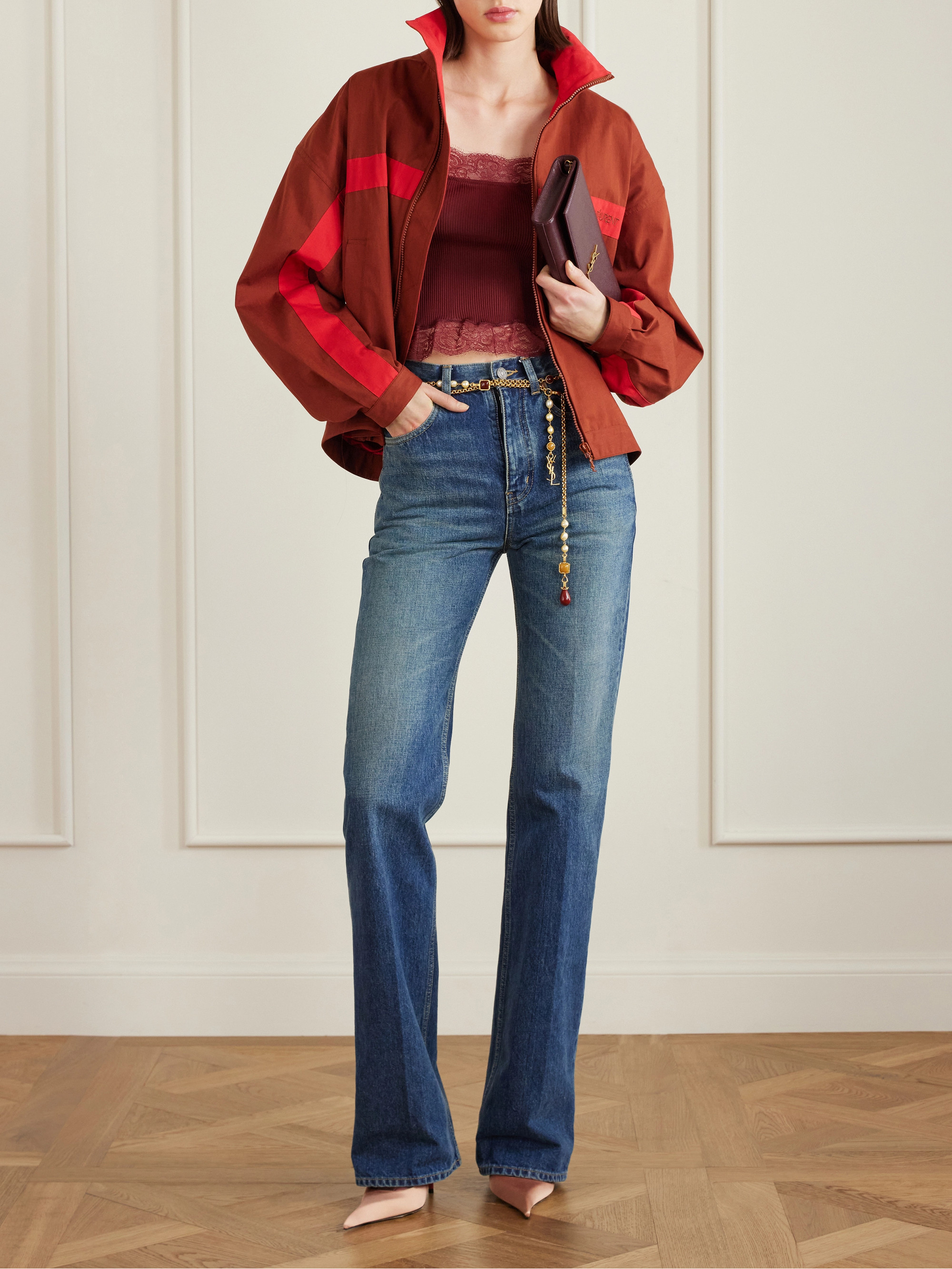 Saint Laurent Cropped Leavers lace-trimmed ribbed silk-jersey top thumbnail