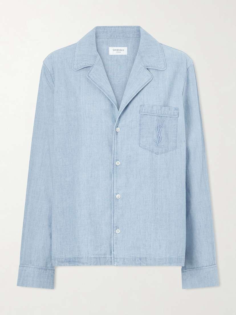 Saint Laurent Cassandre Logo-embroidered Piped Cotton-chambray Shirt
