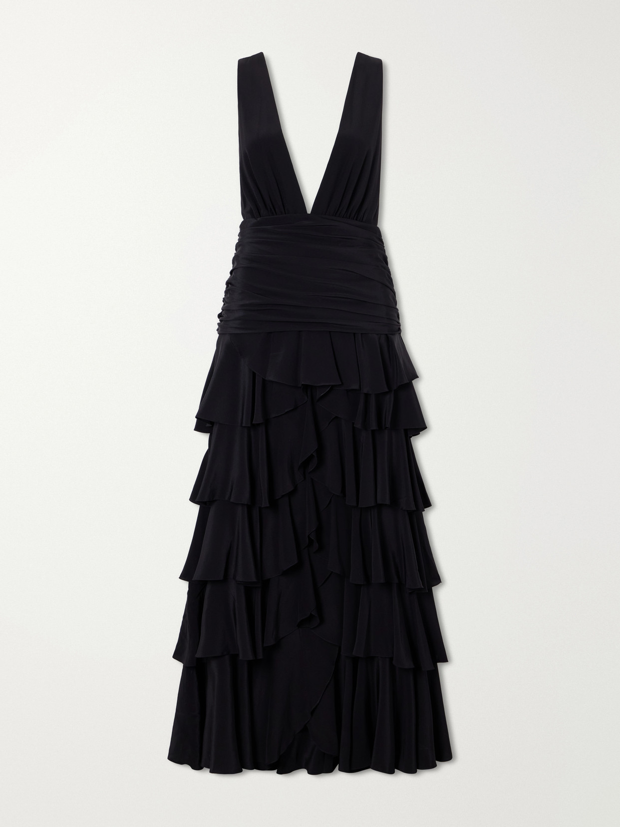 Johanna Ortiz A Map Of Gentle Winds Tiered Ruffled Silk-crepe Maxi Dress In Black