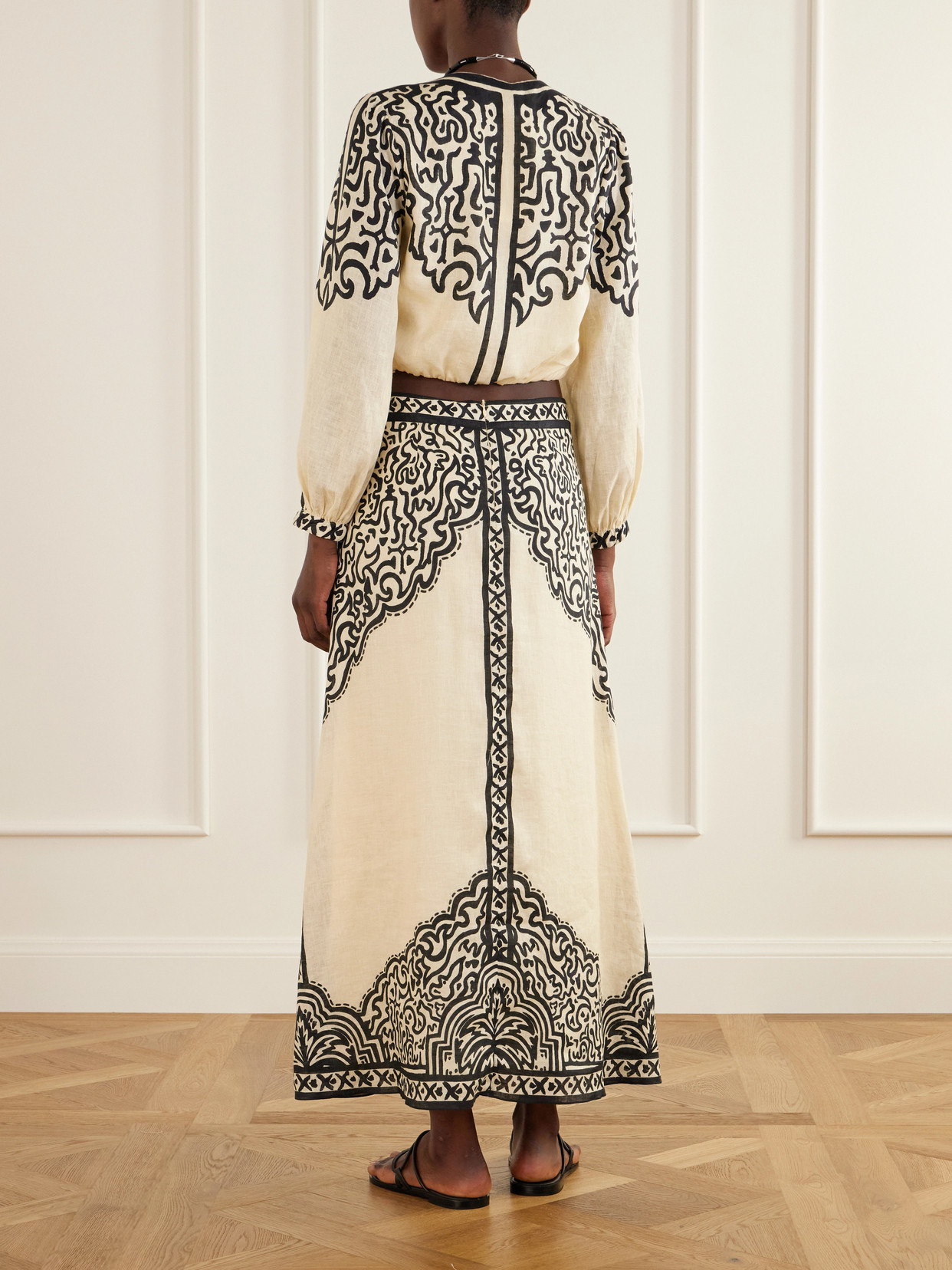Ancient Markings Tie-Detailed Printed Linen Cropped Top