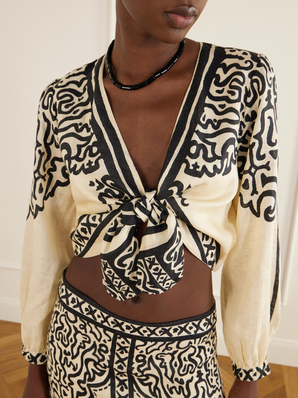 Ancient Markings Tie-Detailed Printed Linen Cropped Top