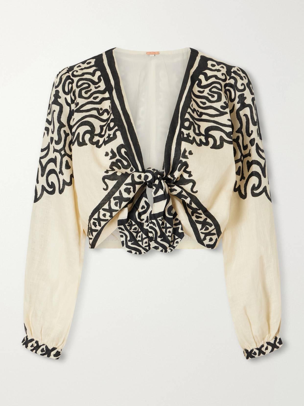 Johanna Ortiz Ancient Markings Tie-detailed Printed Linen Cropped Top In Neutral