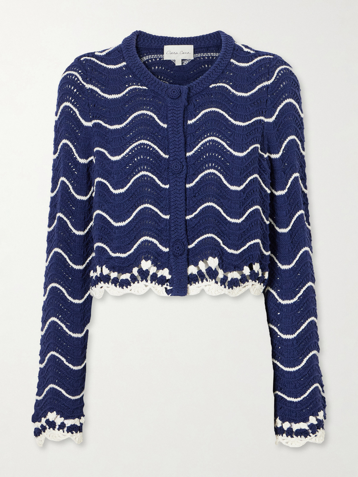 Cara Cara Louise Scalloped Striped Cotton Knit Cardigan In Blue