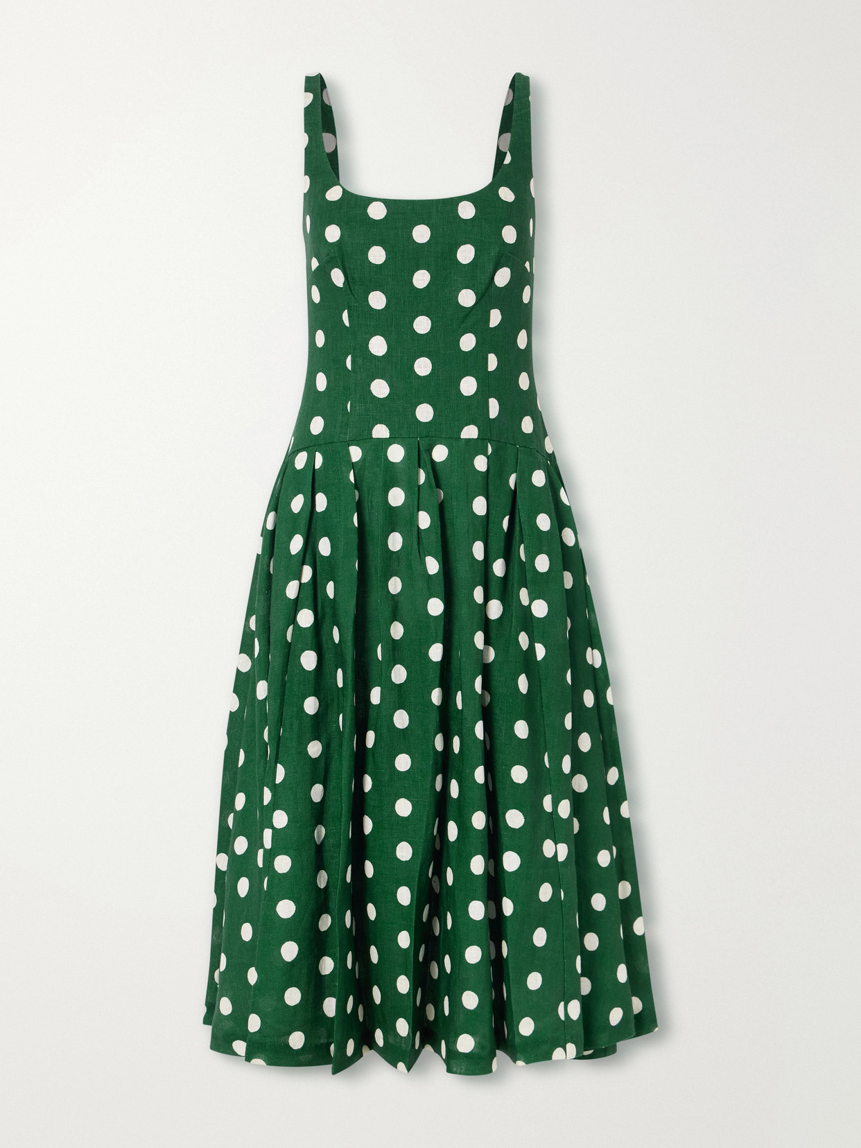 Cara Cara Regio Pleated Polka-dot Linen Midi Dress In Green