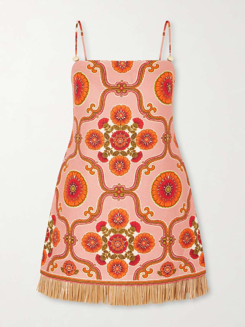 Cara Cara Valencia Printed Fringed Linen Mini Dress