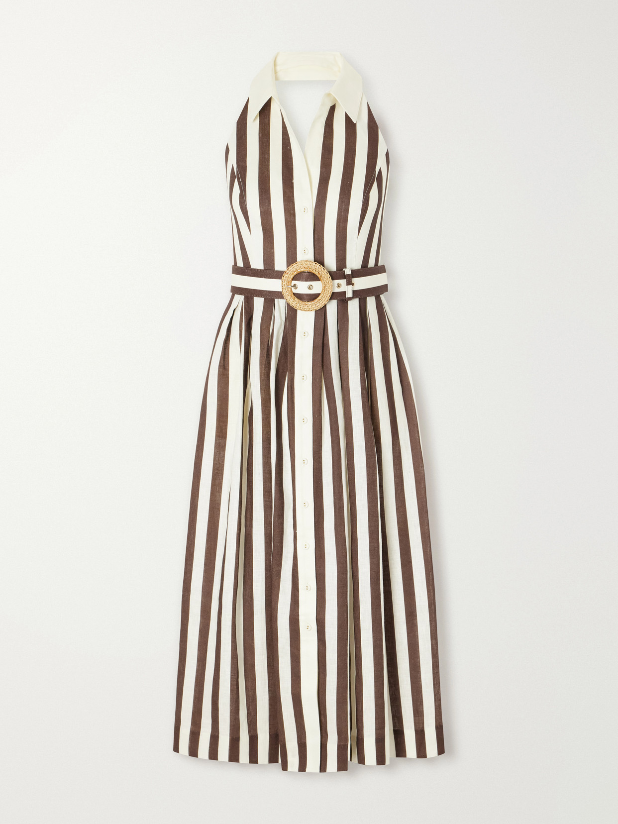 Quentin Belted Pleated Striped Cotton-Poplin Halterneck Midi Dress